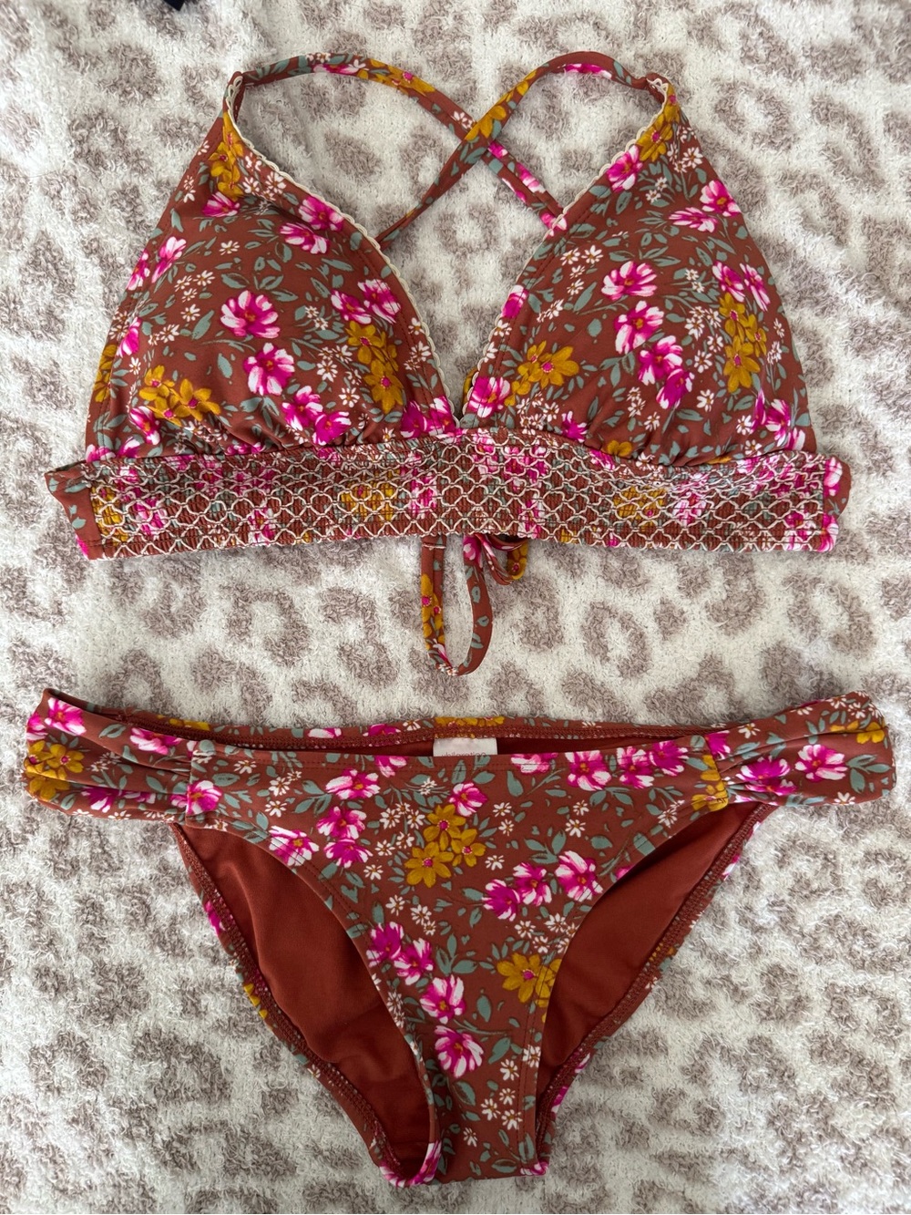 Xhilaration Brown Floral Bikini with Pink & Mustard Flowers